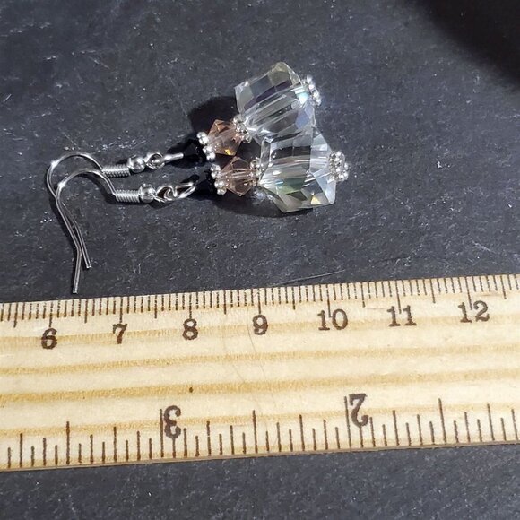 Faceted Czech Crystal Clear Pink Black Silver Cube and Bicone Earrings - Picture 9 of 9